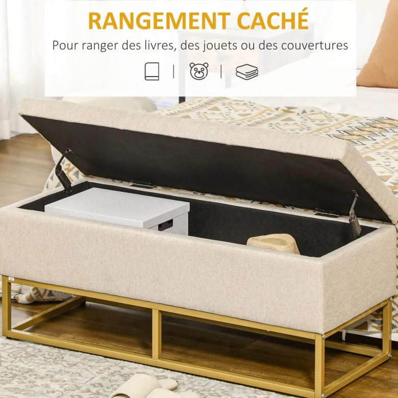 Banc coffre de rangement 2 en 1 acier doré tissu