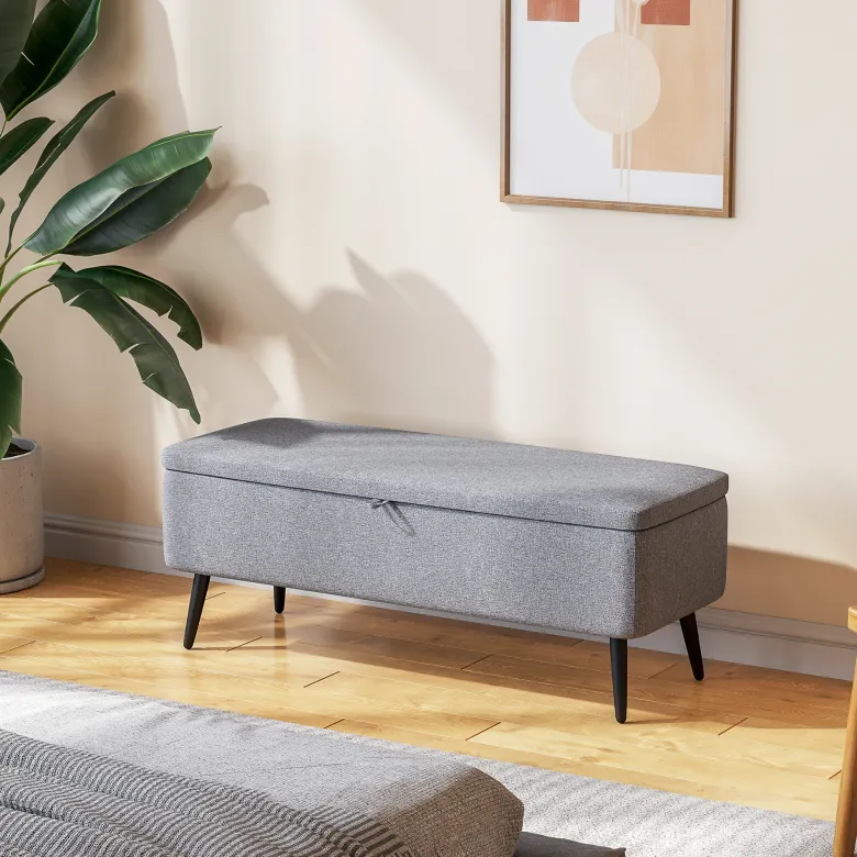 Banc coffre de rangement piètement acier noir tissu