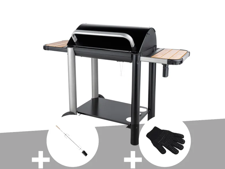 Barbecue charbon vulcano 3000 + kit tournebroche + gant de protection - somagic