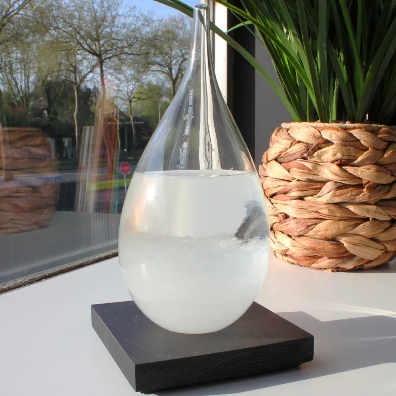 Barometre fitzroy en verre goutte et base bois de hetre objet deco cristaux