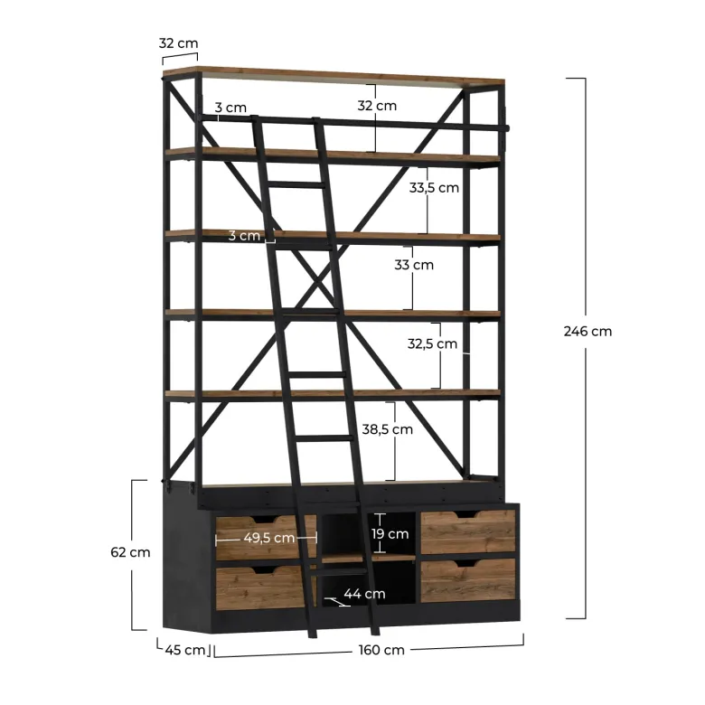 Bibliothèque 160 cm en bois et métal avec échelle, 4 tiroirs - kasi