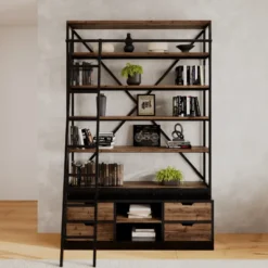 Bibliothèque 160 cm en bois et métal avec échelle, 4 tiroirs - kasi