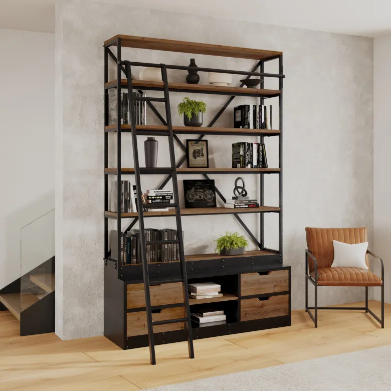 Bibliothèque 160 cm en bois et métal avec échelle, 4 tiroirs - kasi