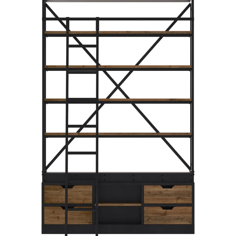Bibliothèque 160 cm en bois et métal avec échelle, 4 tiroirs - kasi