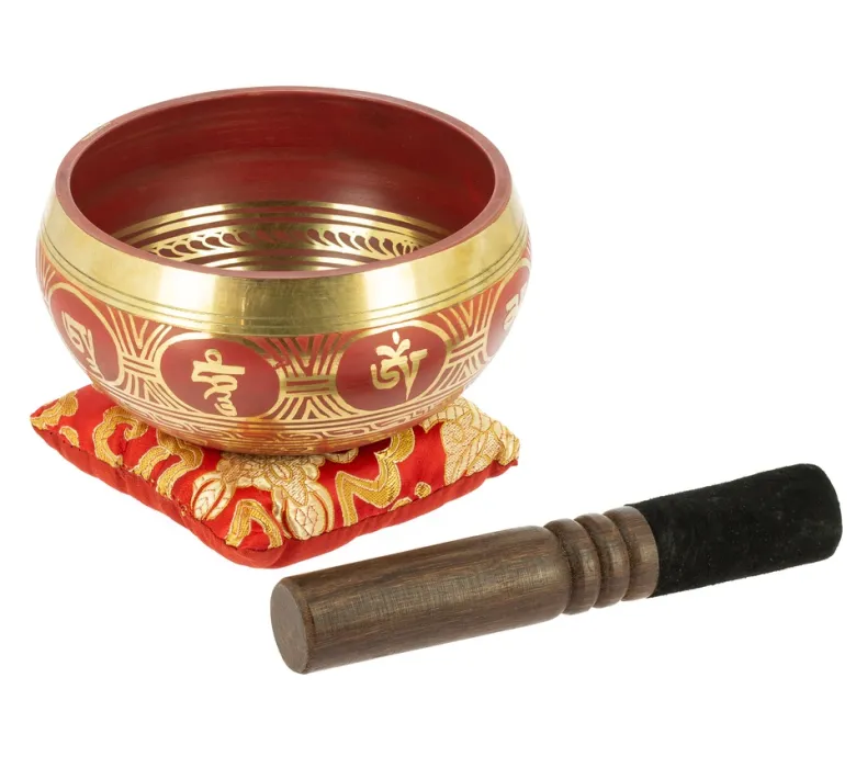Bol tibétain rouge avec symboles 13,5 cm