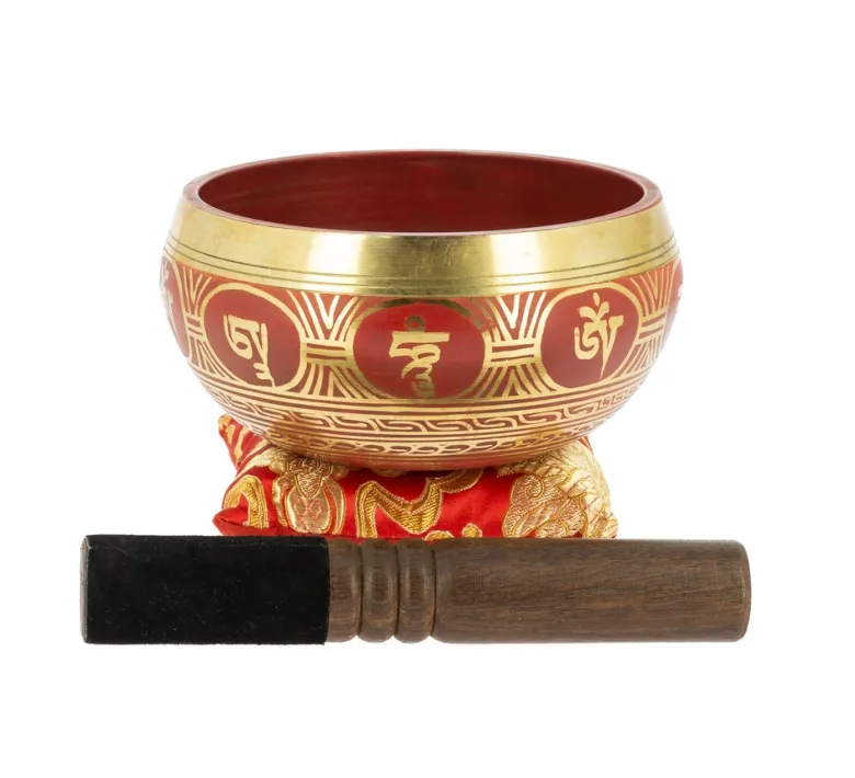 Bol tibétain rouge avec symboles 13,5 cm