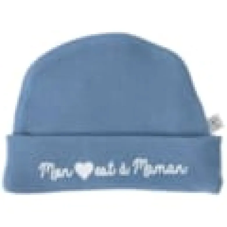 Bonnet de naissance doublé pur coton mon cœur est à maman pierre bleue