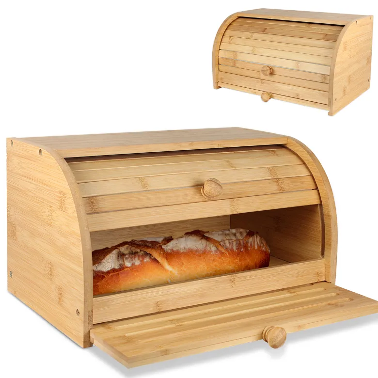Boîte à pain bambou avec planche à découper et porte coulissante
