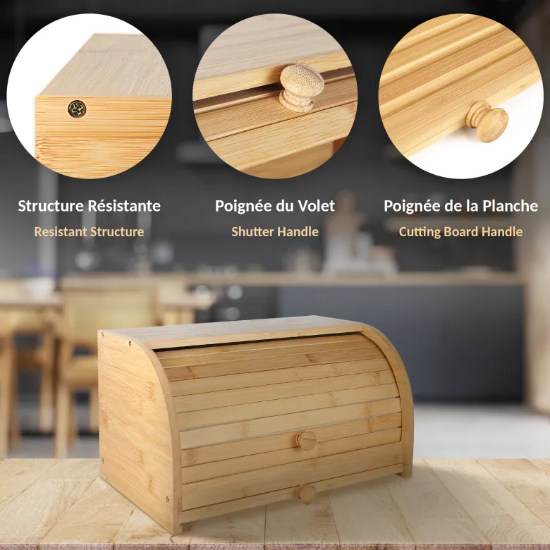 Boîte à pain bambou avec planche à découper et porte coulissante