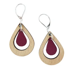 Boucles amande prune en bois et cuir
