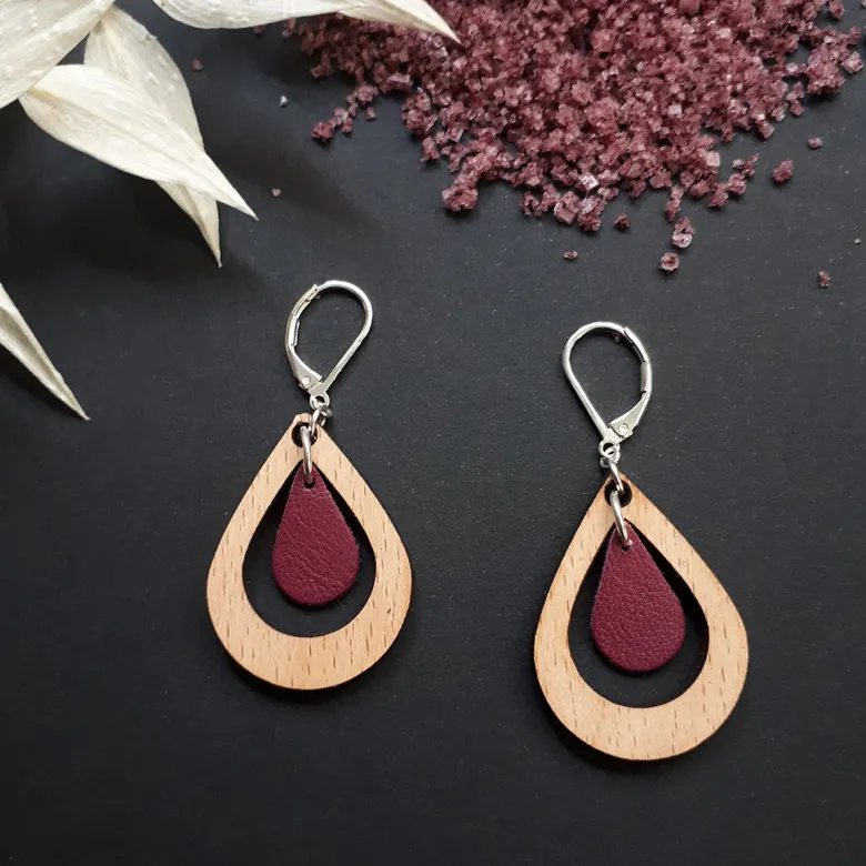 Boucles amande prune en bois et cuir