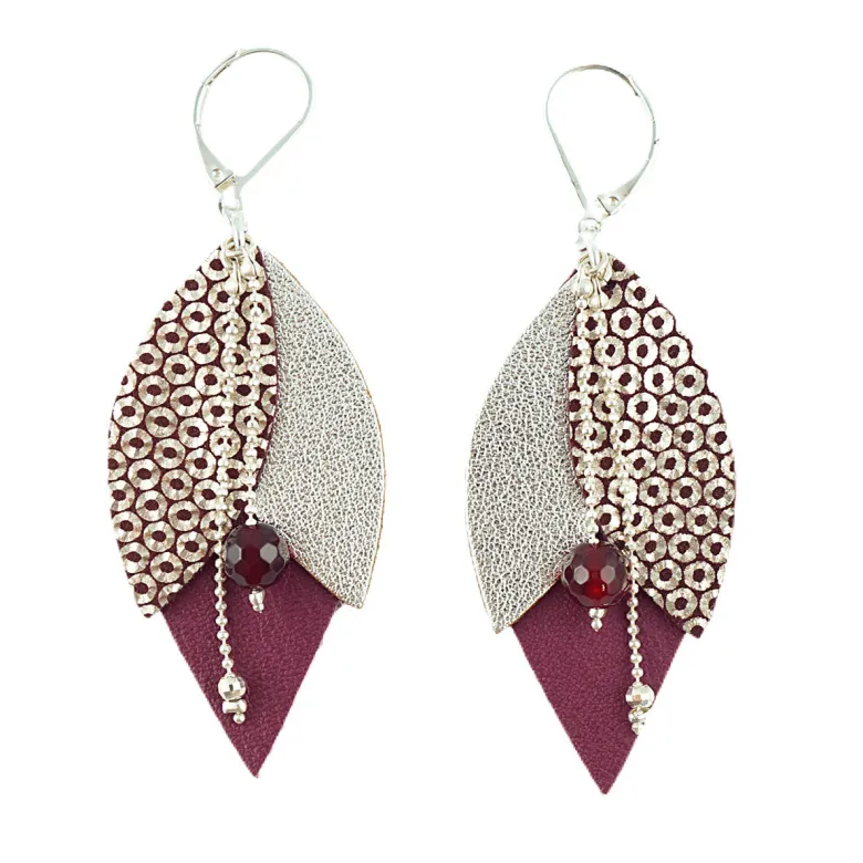 Boucles d'oreilles en cuir tulipe prune
