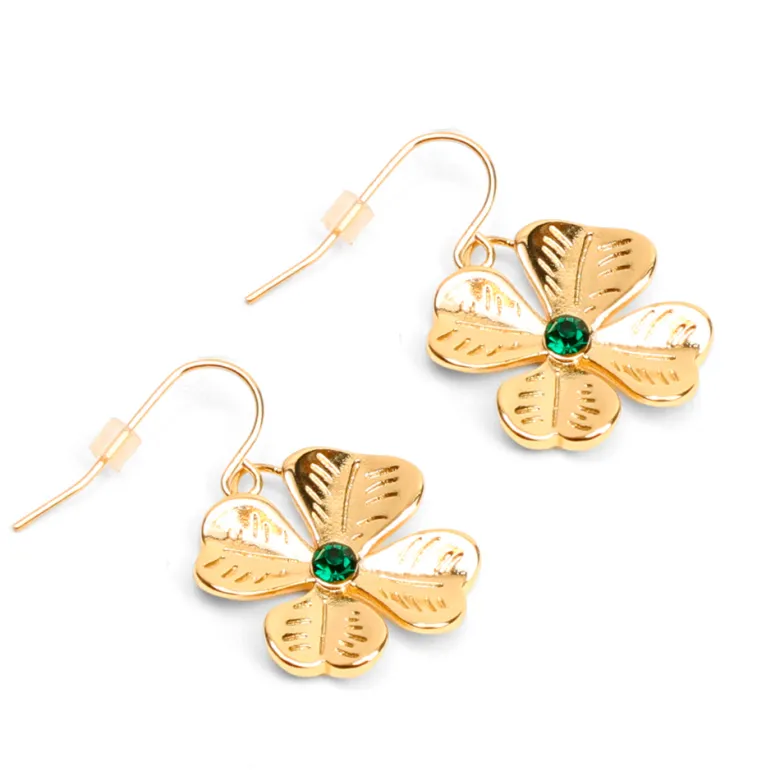 Boucles d'oreilles pendantes en acier inoxydable doré motif trèfle et strass