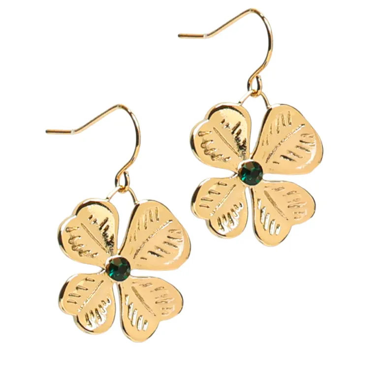 Boucles d'oreilles pendantes en acier inoxydable doré motif trèfle et strass
