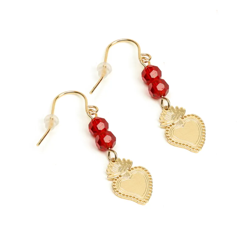 Boucles d'oreilles pendantes cœur ex-voto billes de verre et acier inoxydable