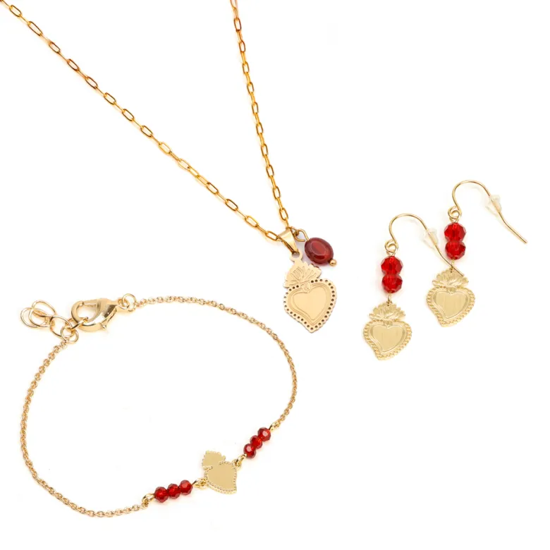 Boucles d'oreilles pendantes cœur ex-voto billes de verre et acier inoxydable