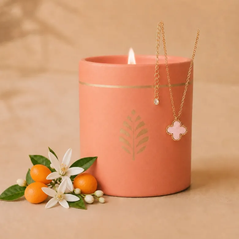 Bougie-bijou avec collier fleur rose & cristal