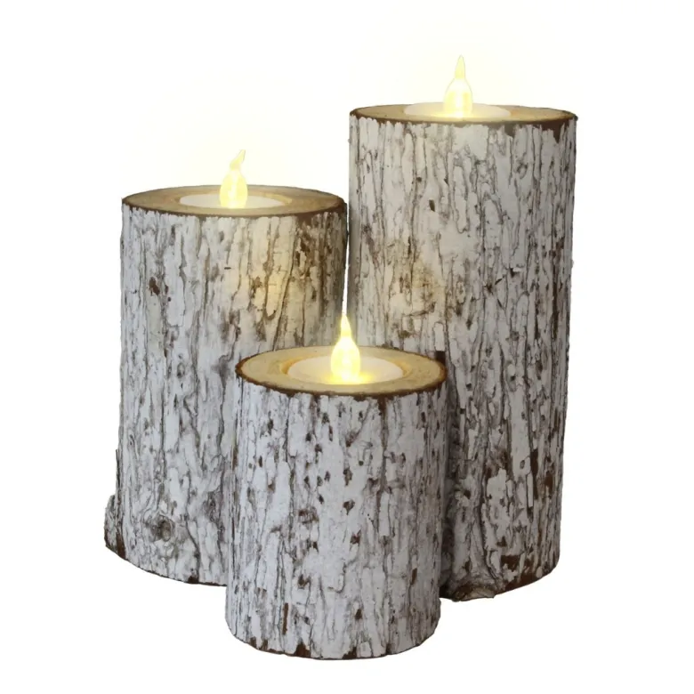 Bougie led tronc d’arbre blanc chaud – effet flamme