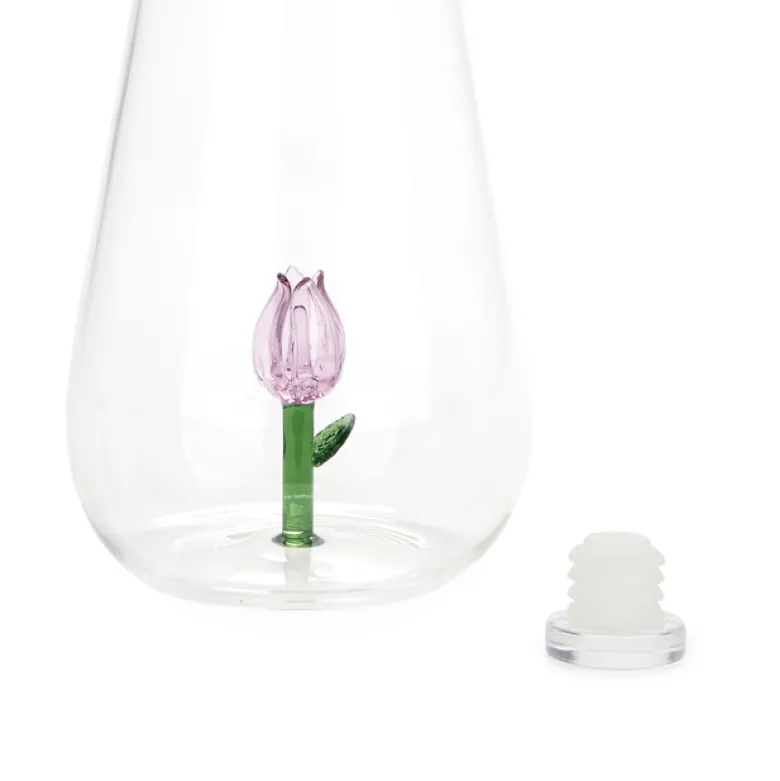 Bouteille Botanical artisanale en verre borosilicate 1L Tulipe rose