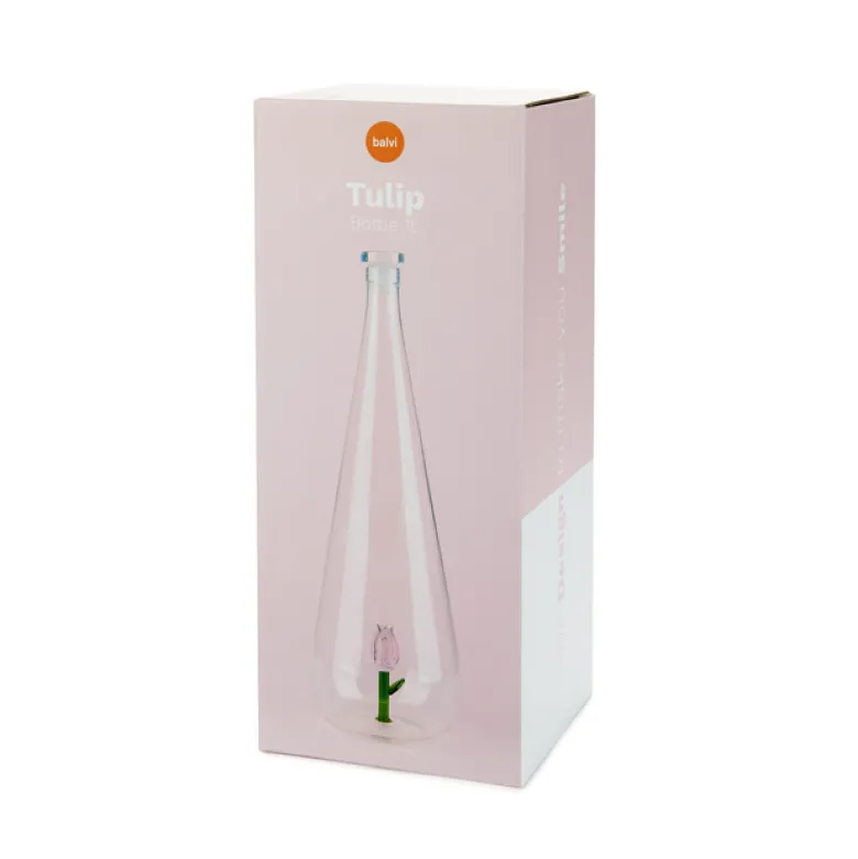Bouteille Botanical artisanale en verre borosilicate 1L Tulipe rose