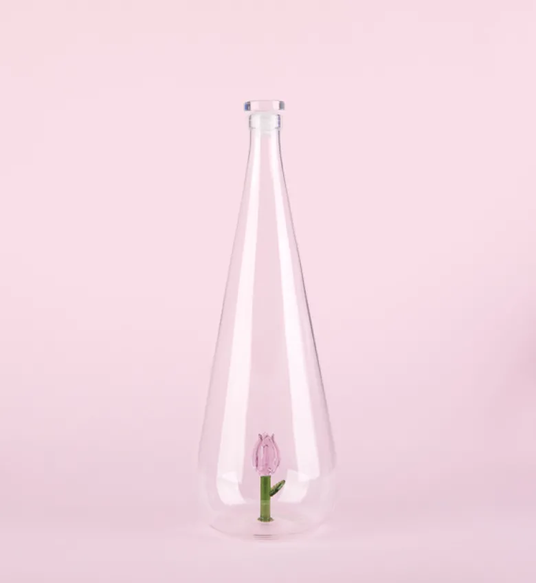 Bouteille Botanical artisanale en verre borosilicate 1L Tulipe rose