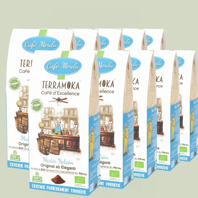 Box de 10 x 250 g de cafés moulu bio du pérou décaféiné à l'eau