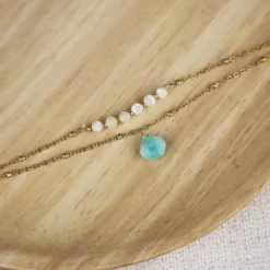 Bracelet double rang perles de nacre et pierre d'amazonite
