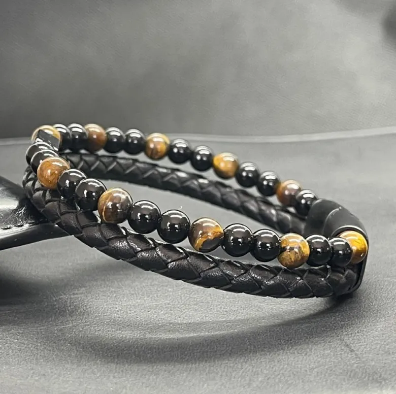 Bracelet en oeil de tigre et obsidienne