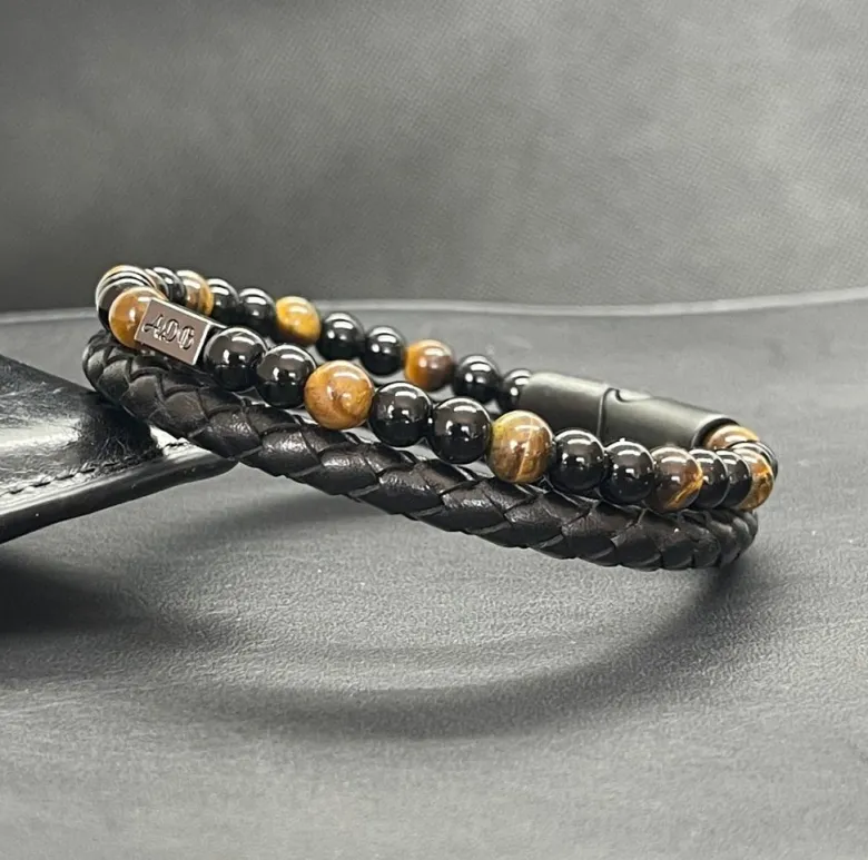 Bracelet en oeil de tigre et obsidienne