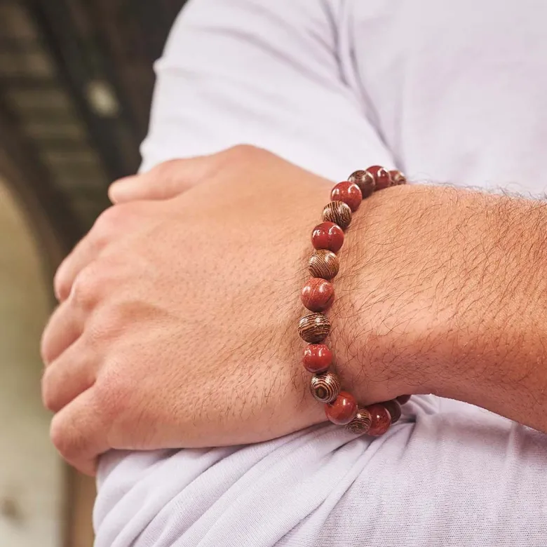Bracelet homme en bois et en jaspe rouge