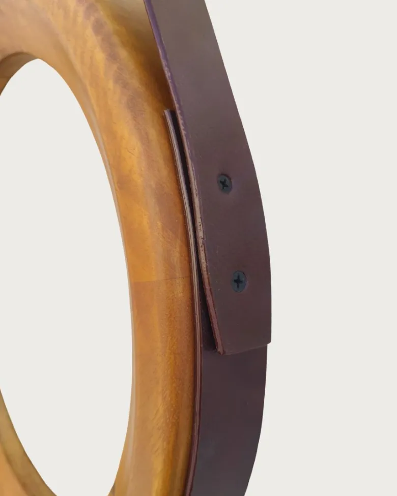 Brio - miroir rond pour salle de bain en bois et lanière en cuir