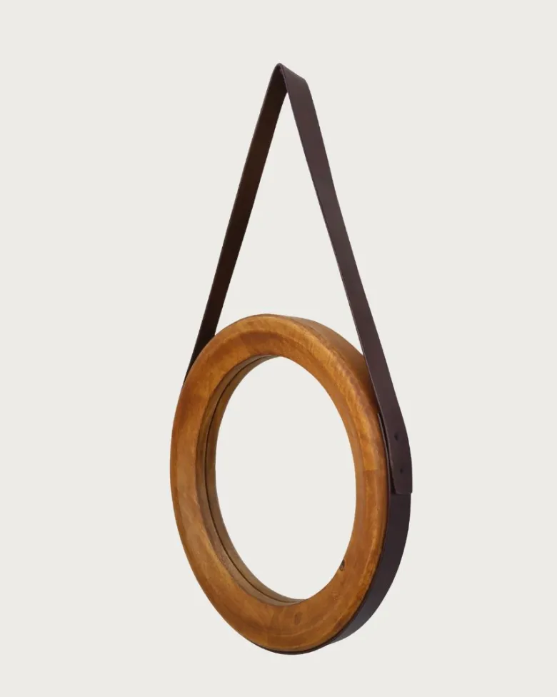 Brio - miroir rond pour salle de bain en bois et lanière en cuir
