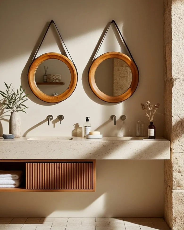 Brio - miroir rond pour salle de bain en bois et lanière en cuir