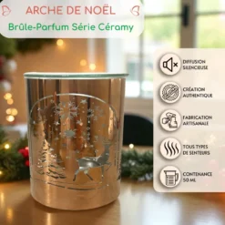 Brûle-parfum métal cuivré – motif arche de noël laser – coupelle verre 50 ml