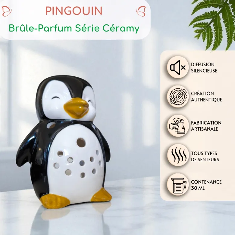 Brûle-parfum pingouin en céramique – diffuseur huiles essentielles 30 ml