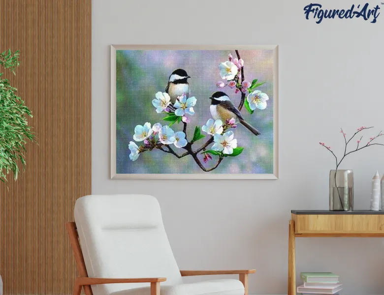 Broderie diamant petits oiseaux fleurs