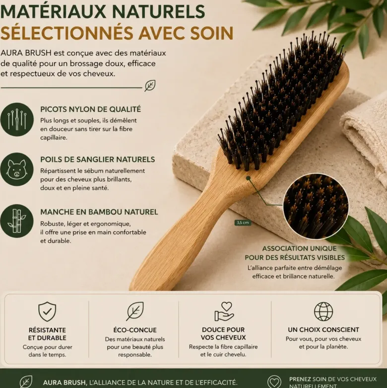 Brosse cheveux double action, poils de sanglier et picots nylon, manche bambou