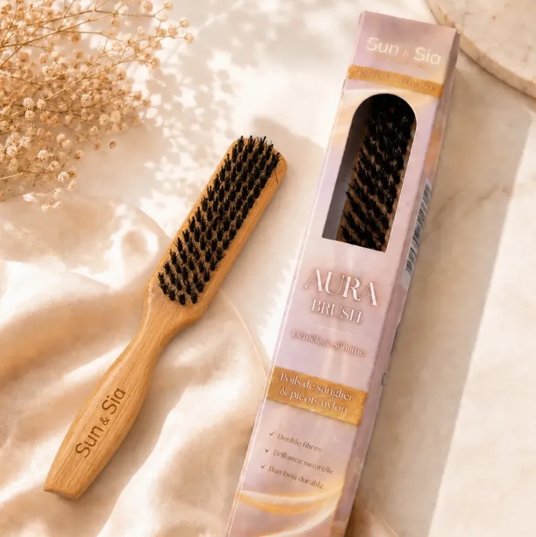 Brosse cheveux double action, poils de sanglier et picots nylon, manche bambou