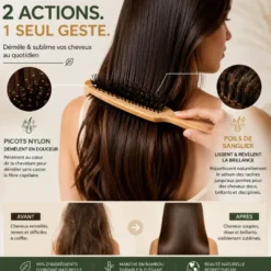 Brosse cheveux double action, poils de sanglier et picots nylon, manche bambou