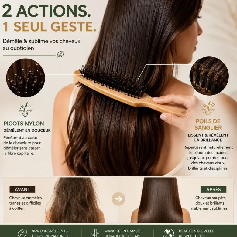 Brosse cheveux double action, poils de sanglier et picots nylon, manche bambou