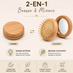 Brosse à cheveux et miroir de poche 2-en-1, bois naturel, 8 cm, magnétique