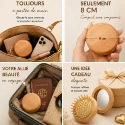 Brosse à cheveux et miroir de poche 2-en-1, bois naturel, 8 cm, magnétique