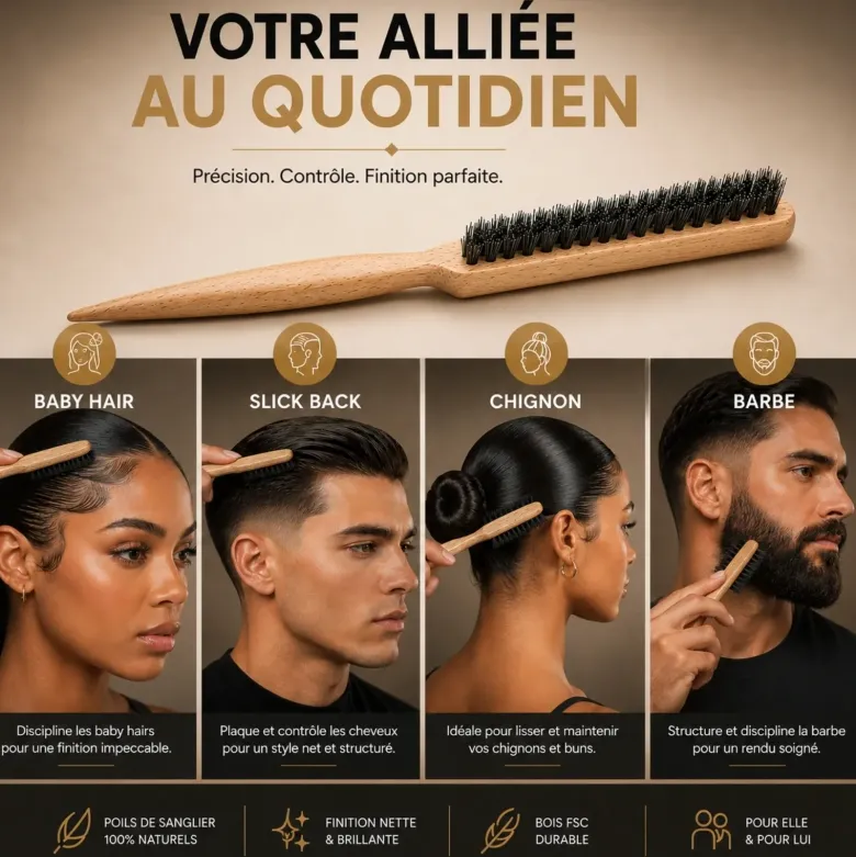 Brosse de précision cheveux et barbe, poils de sanglier, manche bois fsc