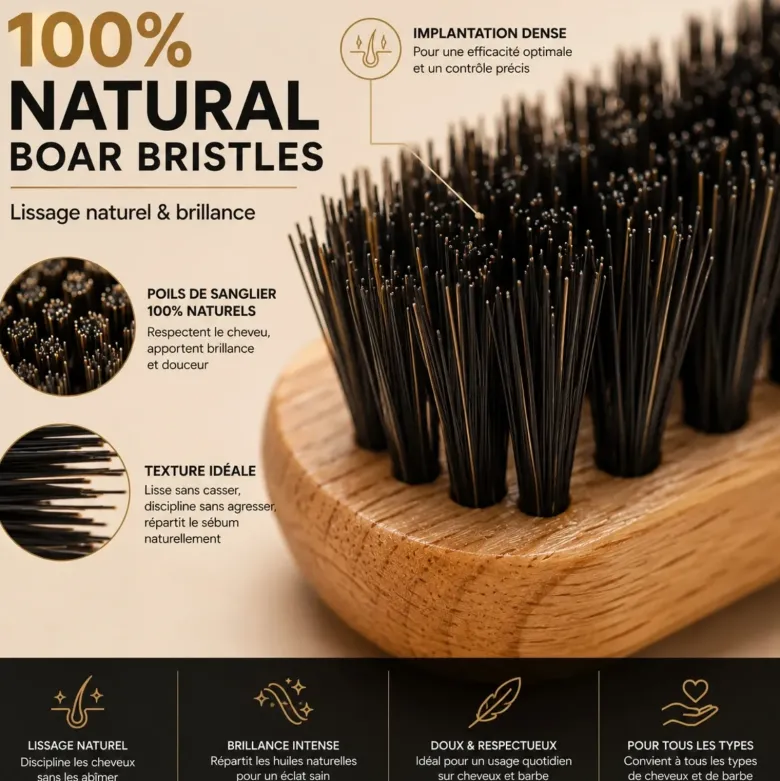 Brosse de précision cheveux et barbe, poils de sanglier, manche bois fsc