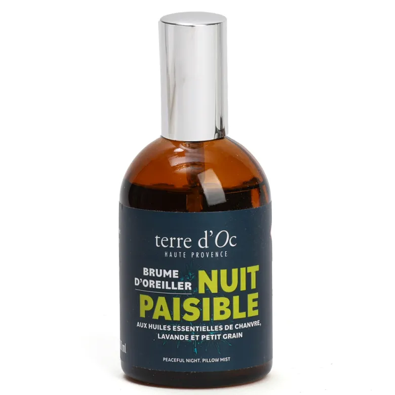 Brume d'oreiller Nuit Paisible huiles essentielles chanvre lavande petit grain