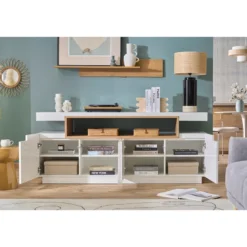 Buffet blanc laqué brillant et bois 4 portes l180 cm livo