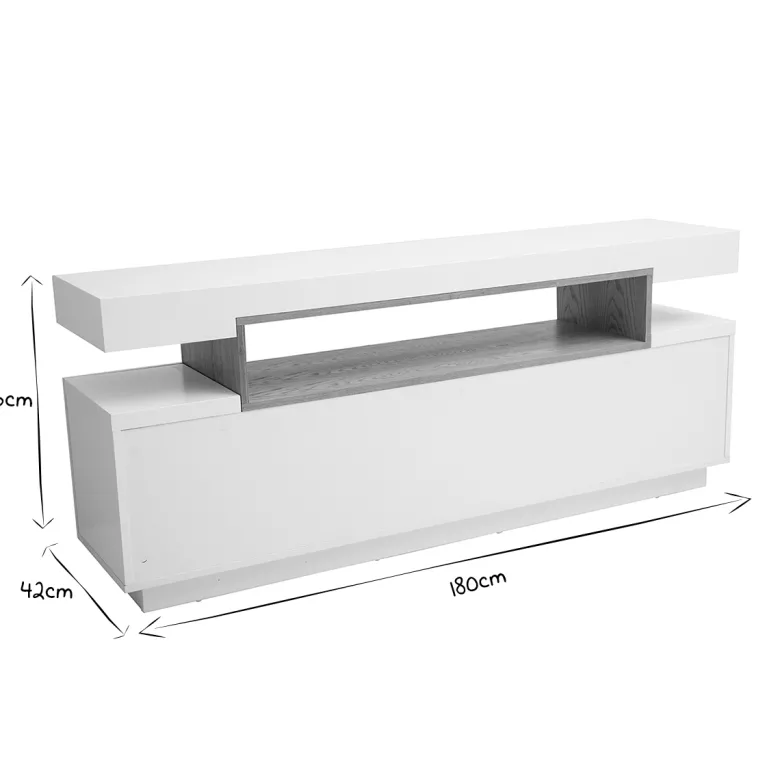 Buffet blanc laqué brillant et bois 4 portes l180 cm livo