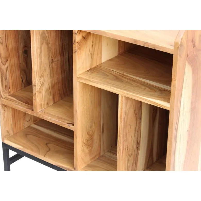 Buffet de rangement vinyles en bois massif et métal noir l76 cm blues
