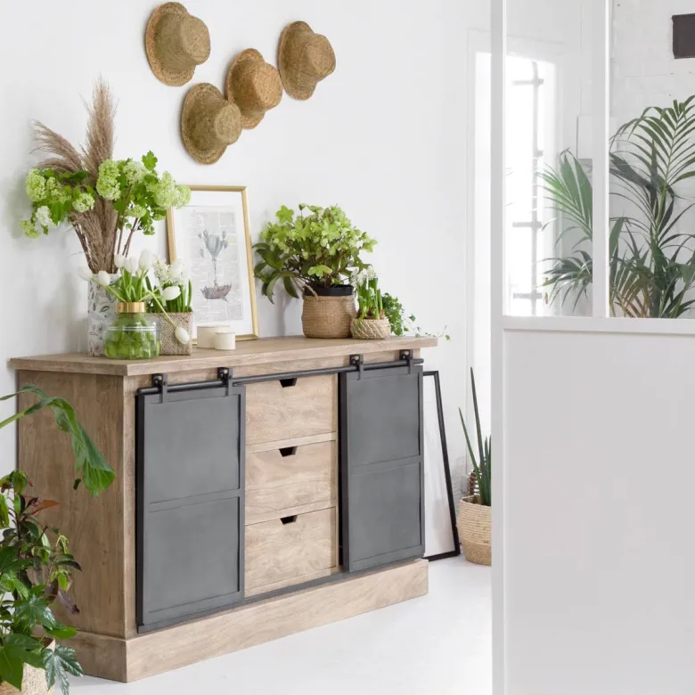 Buffet en manguier brossé et métal gris