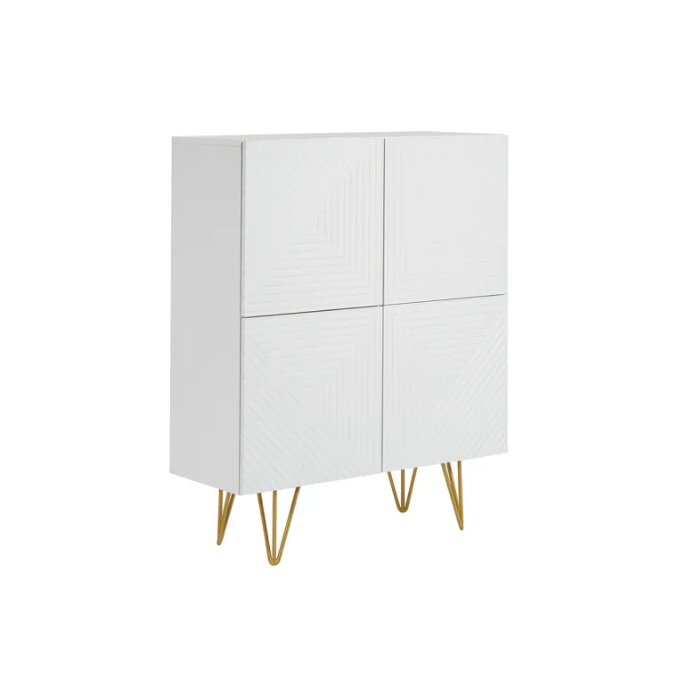 Buffet haut gravé blanc mat et métal doré 4 portes l86 cm ozen
